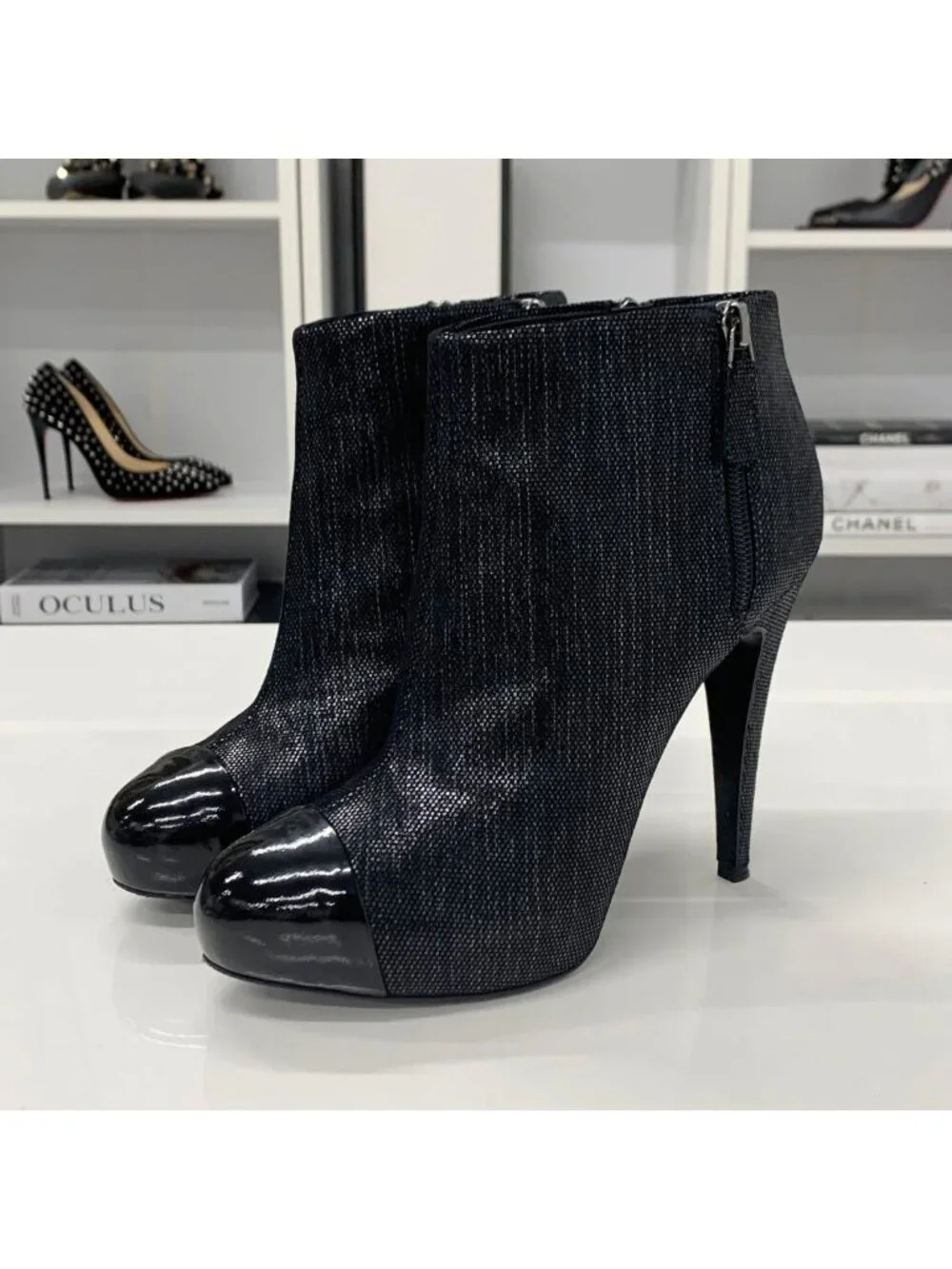 Chanel Cocomark Leather Metallic Short Boots Black